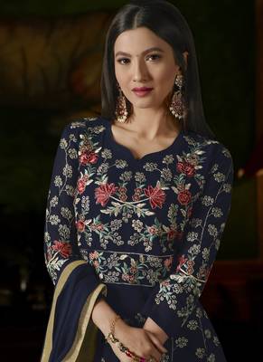 Navy blue embroidered georgette semi stitched salwar with dupatta 2