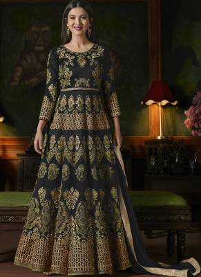 Black embroidered taffeta semi stitched salwar with dupatta 1
