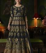Black embroidered taffeta semi stitched salwar with dupatta