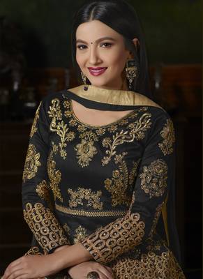 Black embroidered taffeta semi stitched salwar with dupatta 2