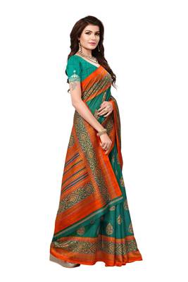 Green printed bhagalpuri saree with blouse 2