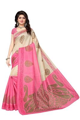 Pink printed bhagalpuri saree with blouse 1