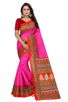 Pink printed bhagalpuri saree with blouse 1