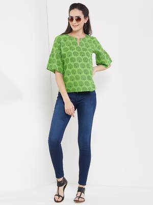 Green tree printed top with gathered sleeves 1