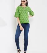 Green tree printed top with gathered sleeves