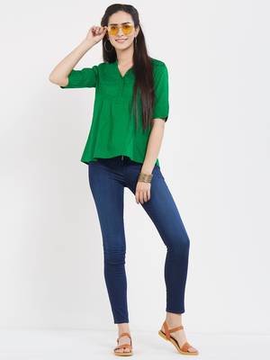 Green  dobby pleated top with a sleeve with cuffs 1