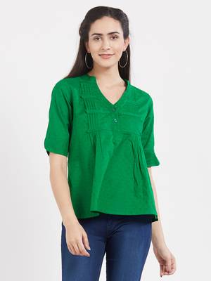 Green  dobby pleated top with a sleeve with cuffs 2