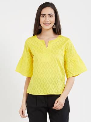 Yellow jaquard  top with a flaired sleeve with gathers 2