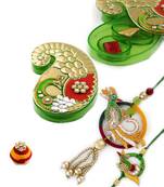 Premium Keri Shape Green Rakhi Gift Box With Peacock Motif Bhaiya Bhabhi Rakhi Set