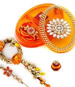 Premium Oval Shape Orange Rakhi Gift Box With Golden Finish Bhaiya Bhabhi Rakhi Set