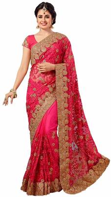 Pink embroidered georgette saree with blouse 1