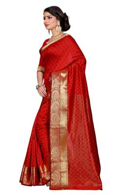 Red Woven Banarasi Art Silk Saree With Blouse 3