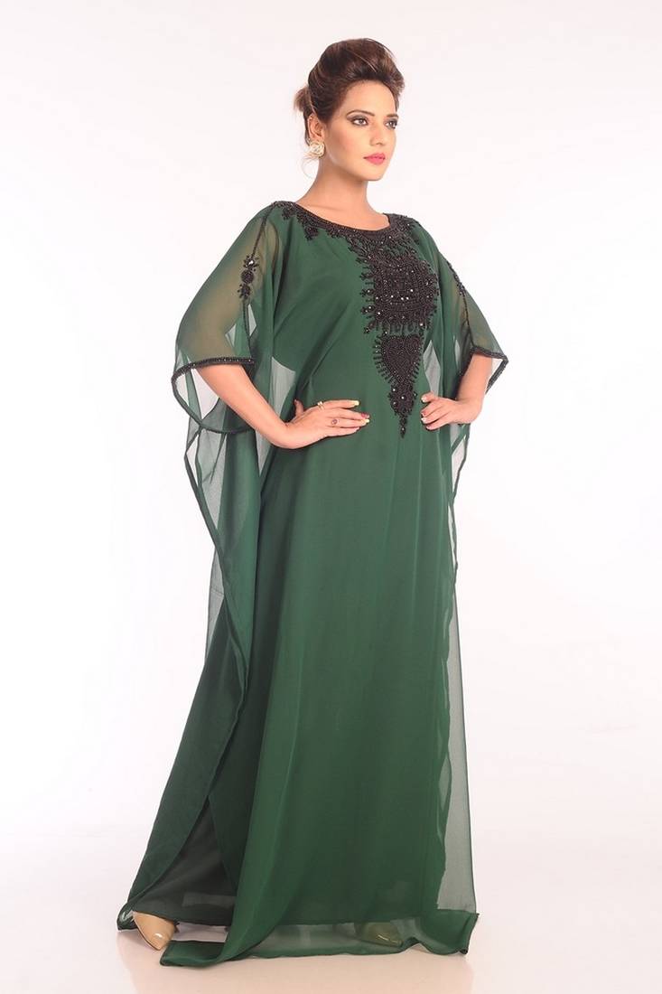 Green Georgette Embroidered Stitched Islamic Kaftans