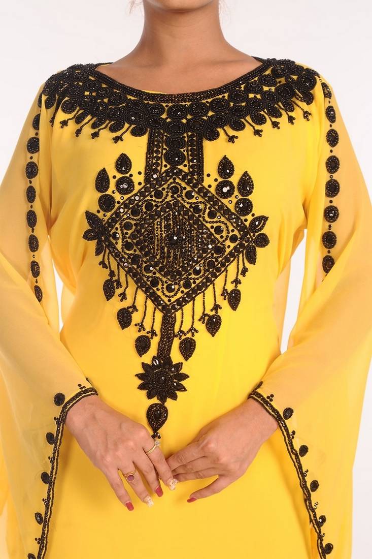 Yellow Georgette Embroidered Stitched Islamic Kaftans