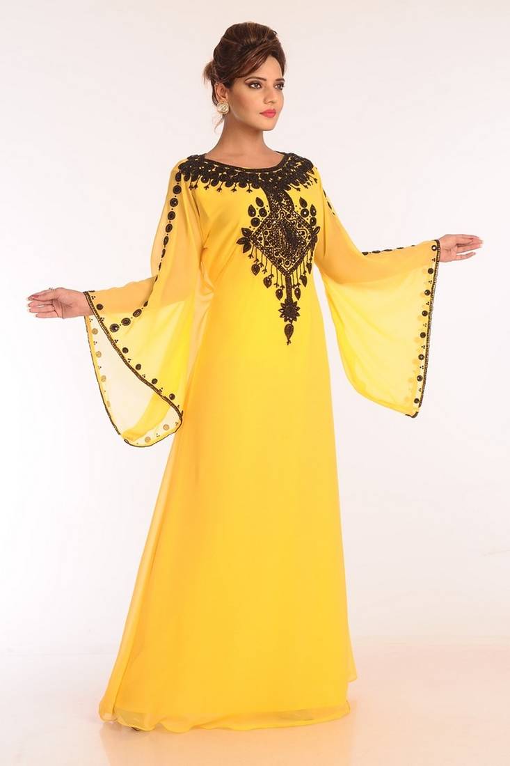 Yellow Georgette Embroidered Stitched Islamic Kaftans