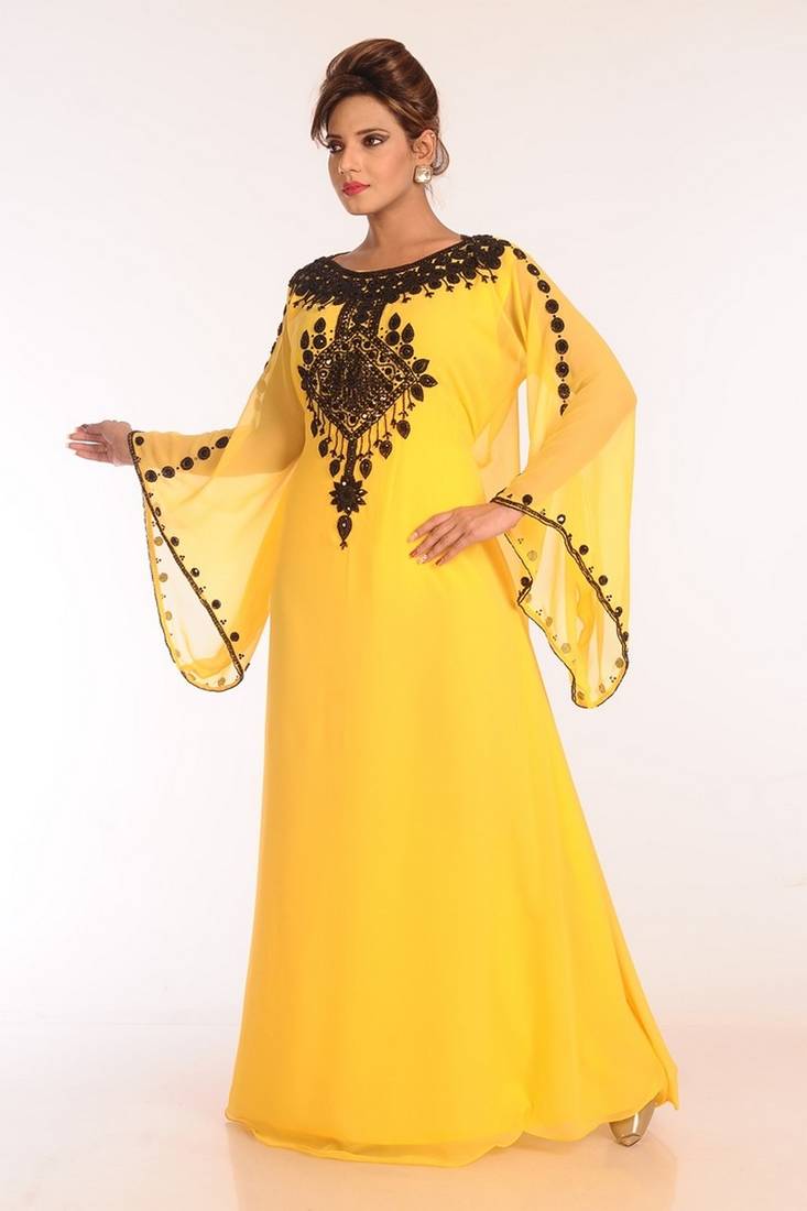 Yellow Georgette Embroidered Stitched Islamic Kaftans