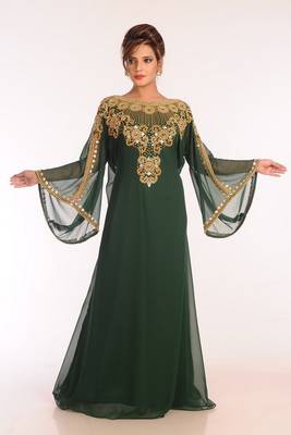 Emerald Green Georgette Kaftan with Heavy Gold Embroidery 1