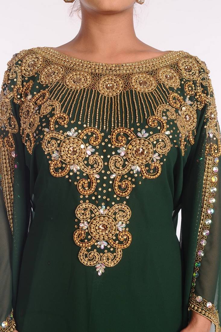 Emerald Green Georgette Kaftan with Heavy Gold Embroidery
