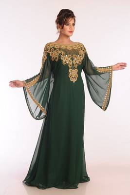 Emerald Green Georgette Kaftan with Heavy Gold Embroidery 4