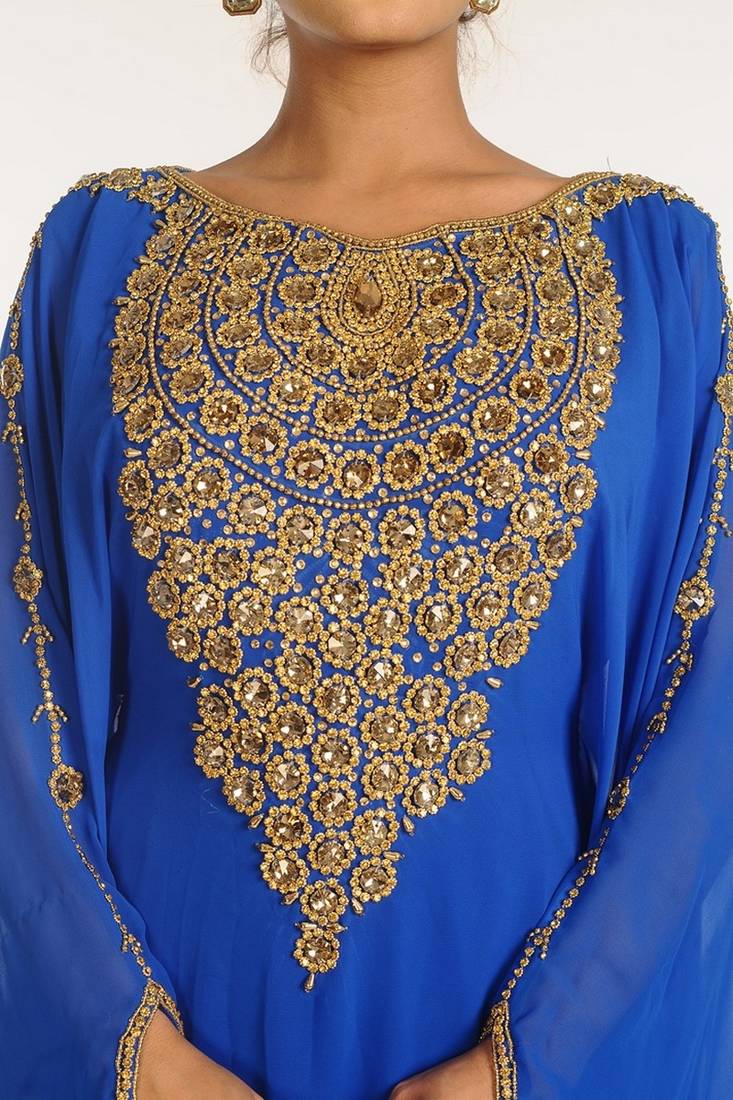Blue Georgette Embroidered Stitched Islamic Kaftans