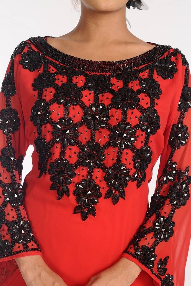 Red Georgette Embroidered Stitched Islamic Kaftans