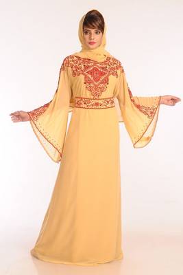 Beige Georgette Embroidered Stitched Islamic Kaftans 1