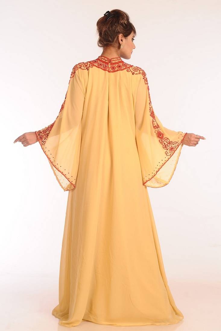 Beige Georgette Embroidered Stitched Islamic Kaftans