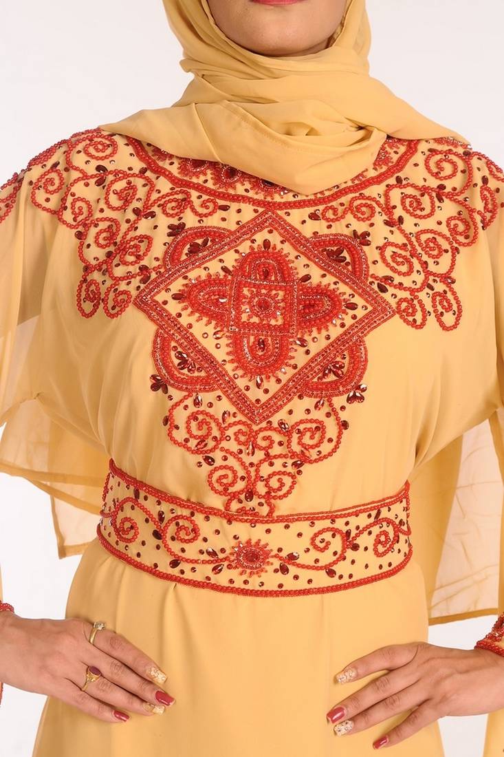 Beige Georgette Embroidered Stitched Islamic Kaftans