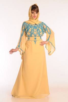Beige Georgette Embroidered Stitched Islamic Kaftans 1