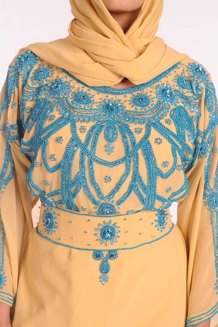 Beige Georgette Embroidered Stitched Islamic Kaftans