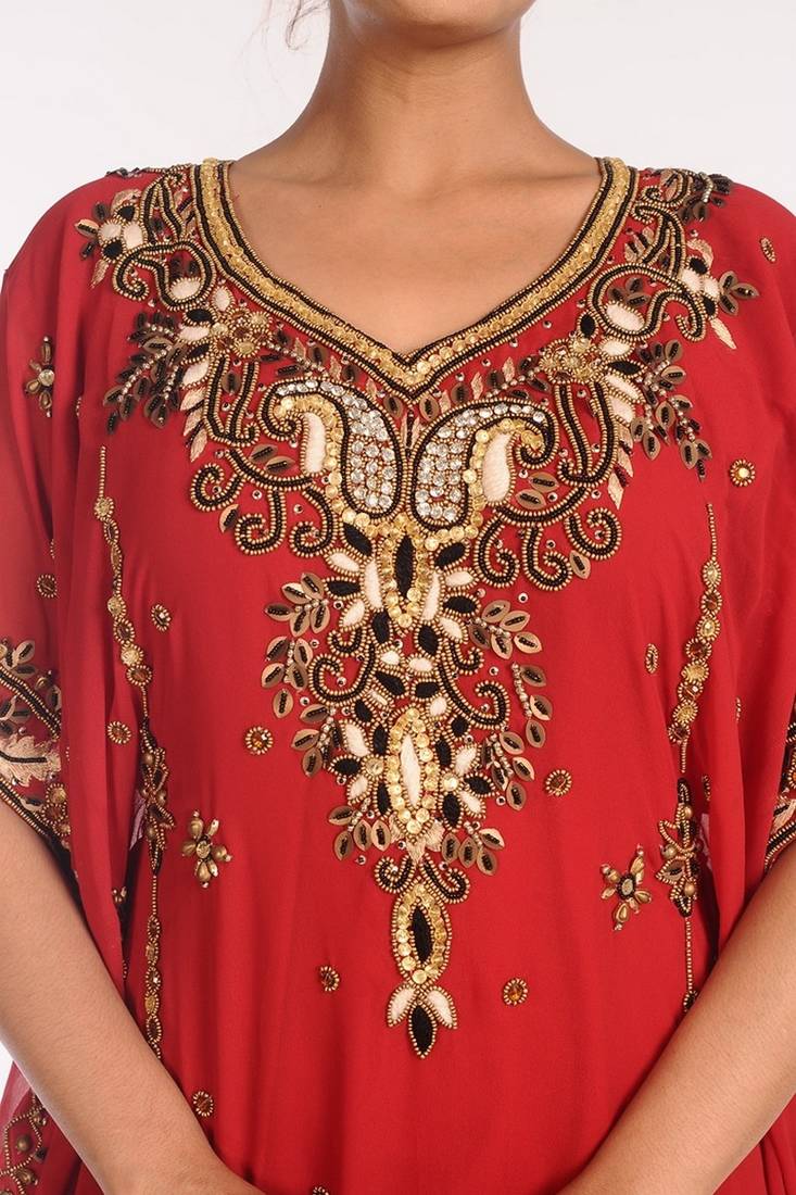 Red Georgette Embroidered Stitched Islamic Kaftans