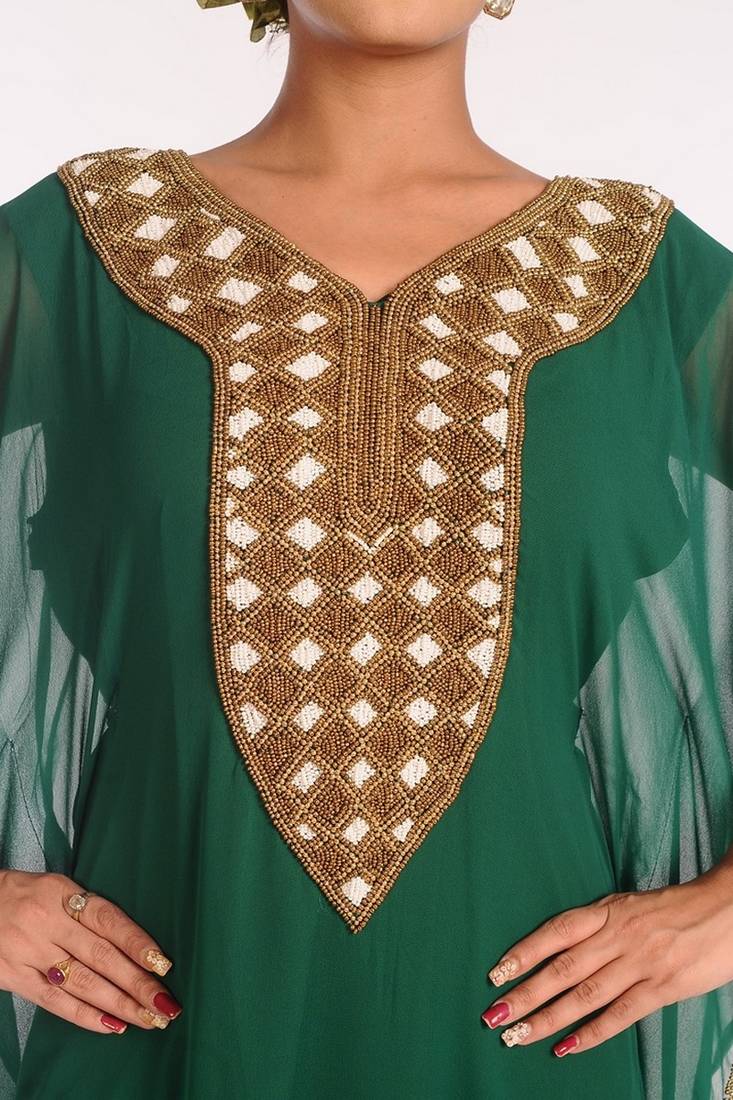 Green Georgette Embroidered Stitched Islamic Kaftans