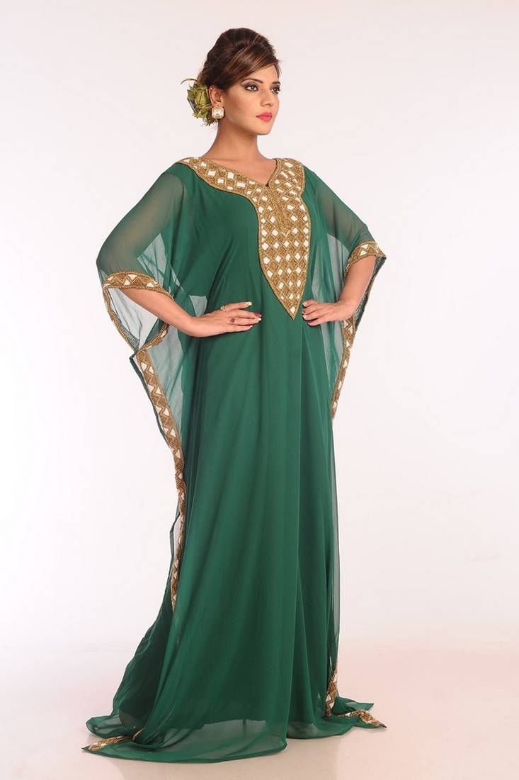 Green Georgette Embroidered Stitched Islamic Kaftans