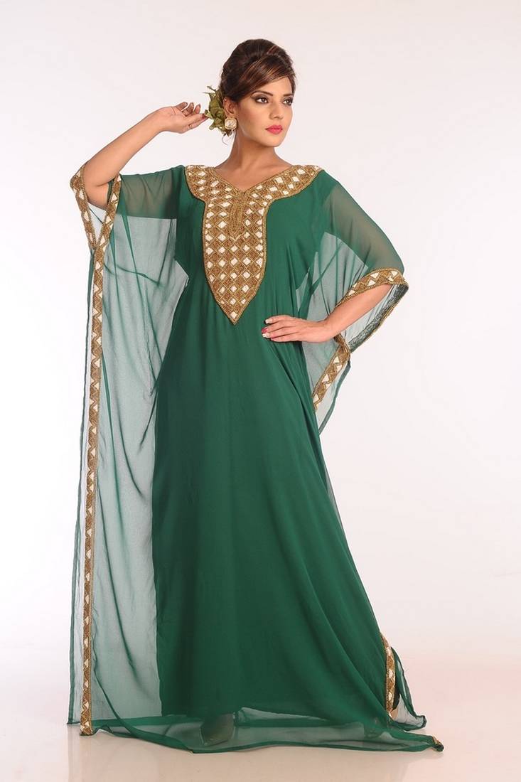 Green Georgette Embroidered Stitched Islamic Kaftans