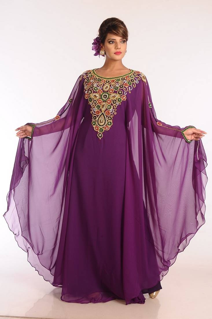Purple Georgette Embroidered Stitched Islamic Kaftans