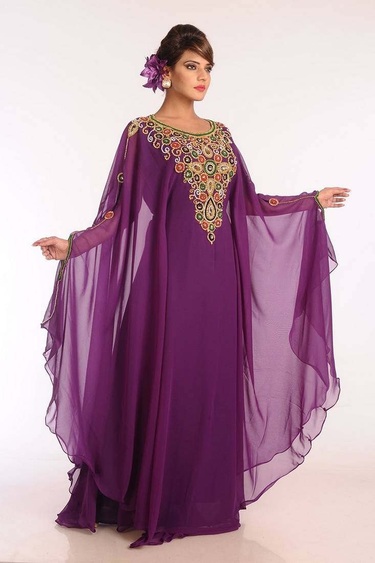Purple Georgette Embroidered Stitched Islamic Kaftans