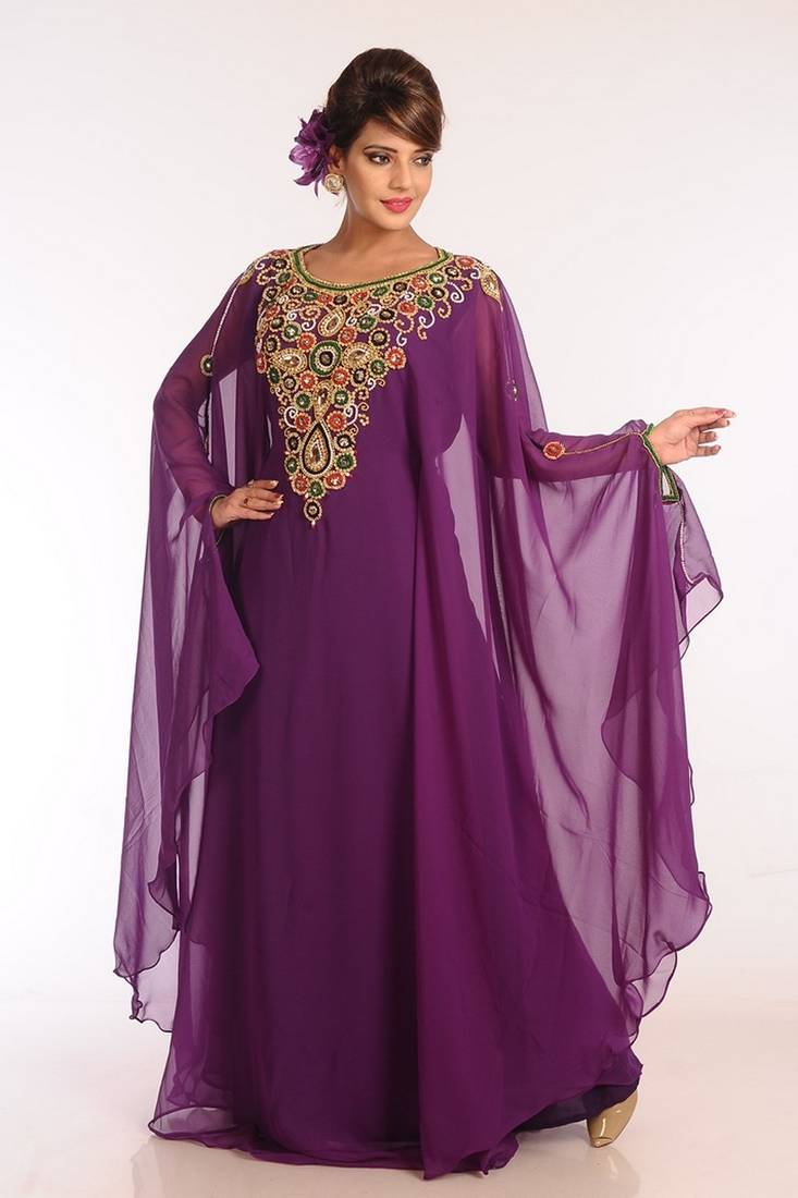 Purple Georgette Embroidered Stitched Islamic Kaftans