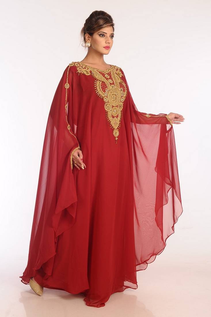 Maroon Georgette Embroidered Stitched Islamic Kaftans