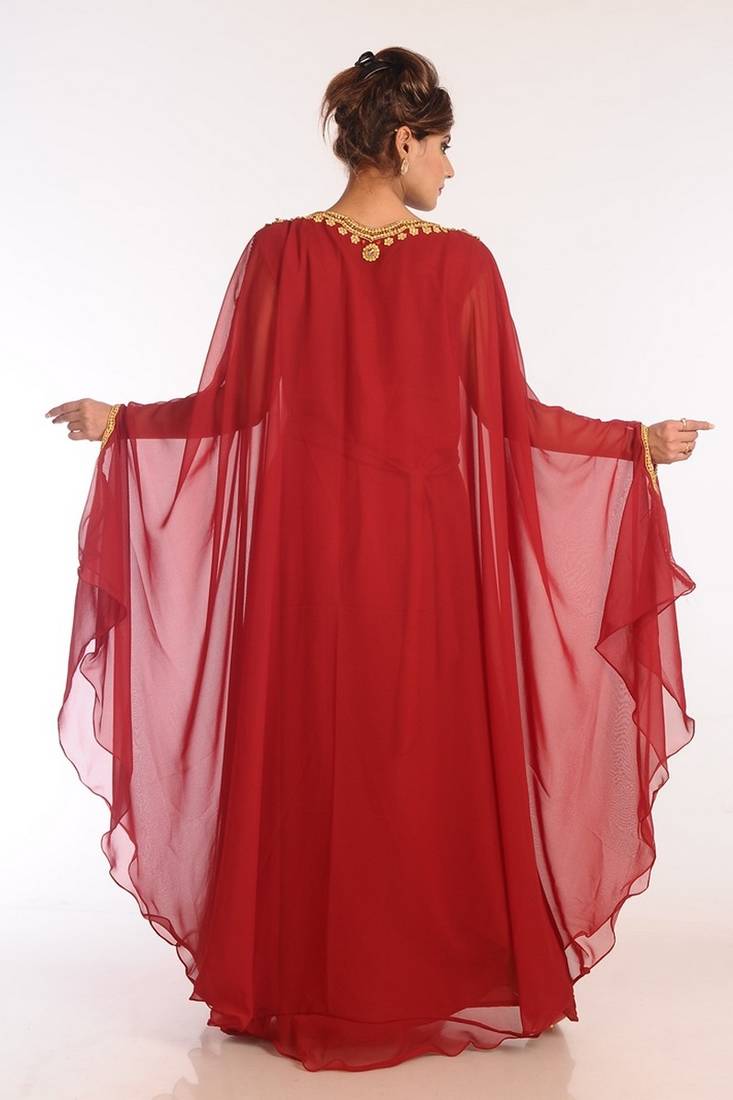 Maroon Georgette Embroidered Stitched Islamic Kaftans