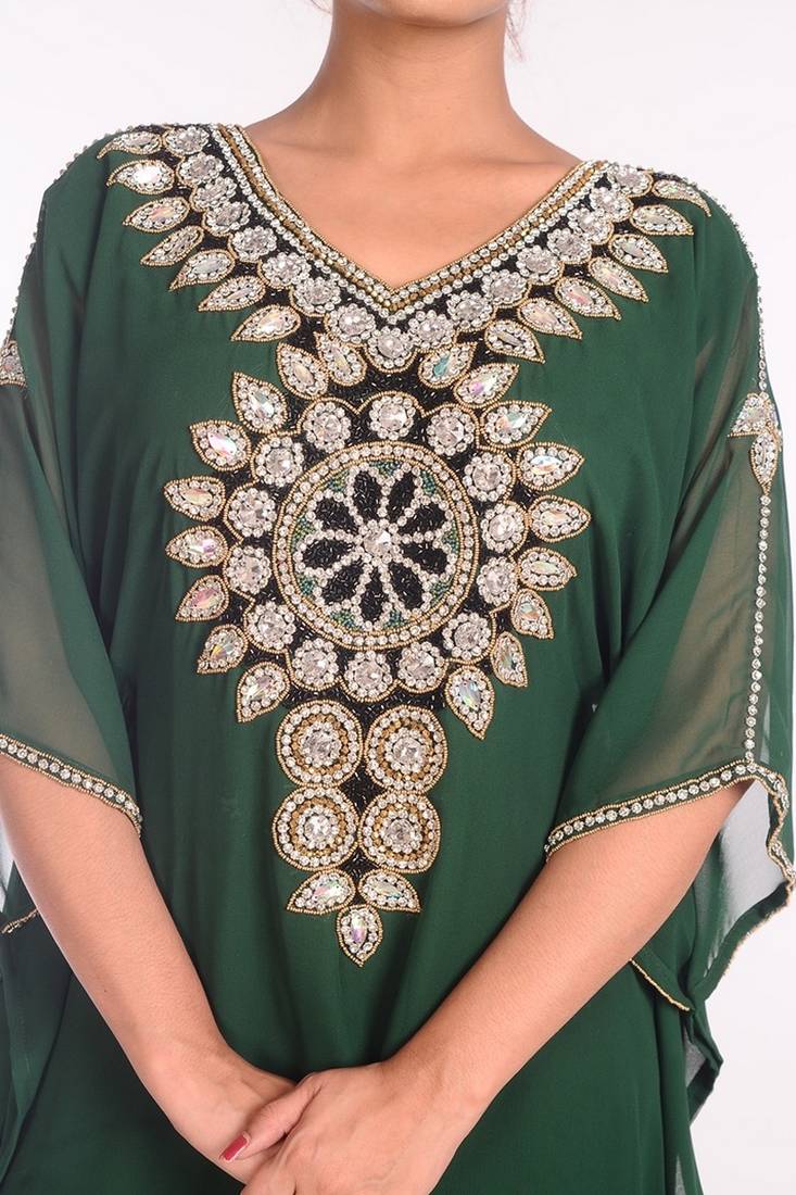 Bottom Green Georgette Embroidered Stitched Islamic Kaftans