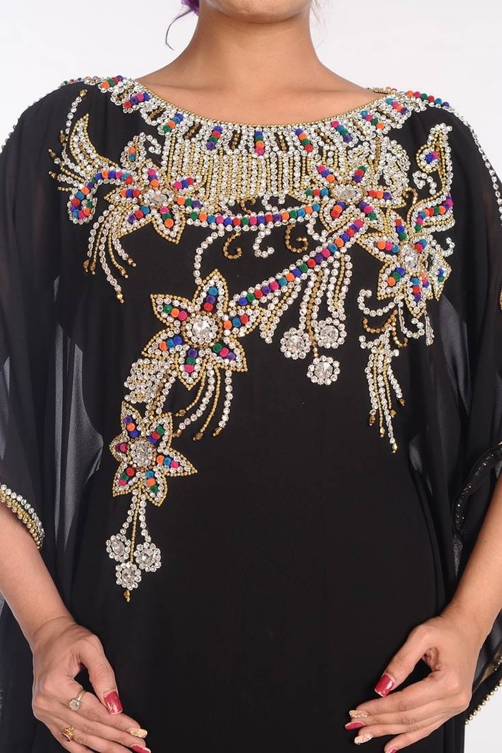 Black Georgette Embroidered Stitched Islamic Kaftans