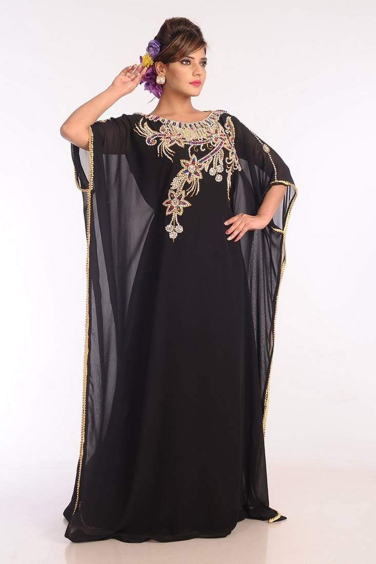 Black Georgette Embroidered Stitched Islamic Kaftans