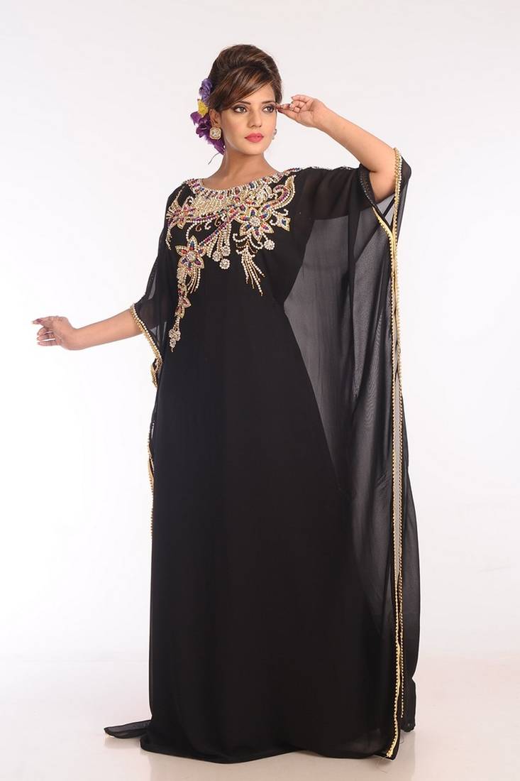 Black Georgette Embroidered Stitched Islamic Kaftans