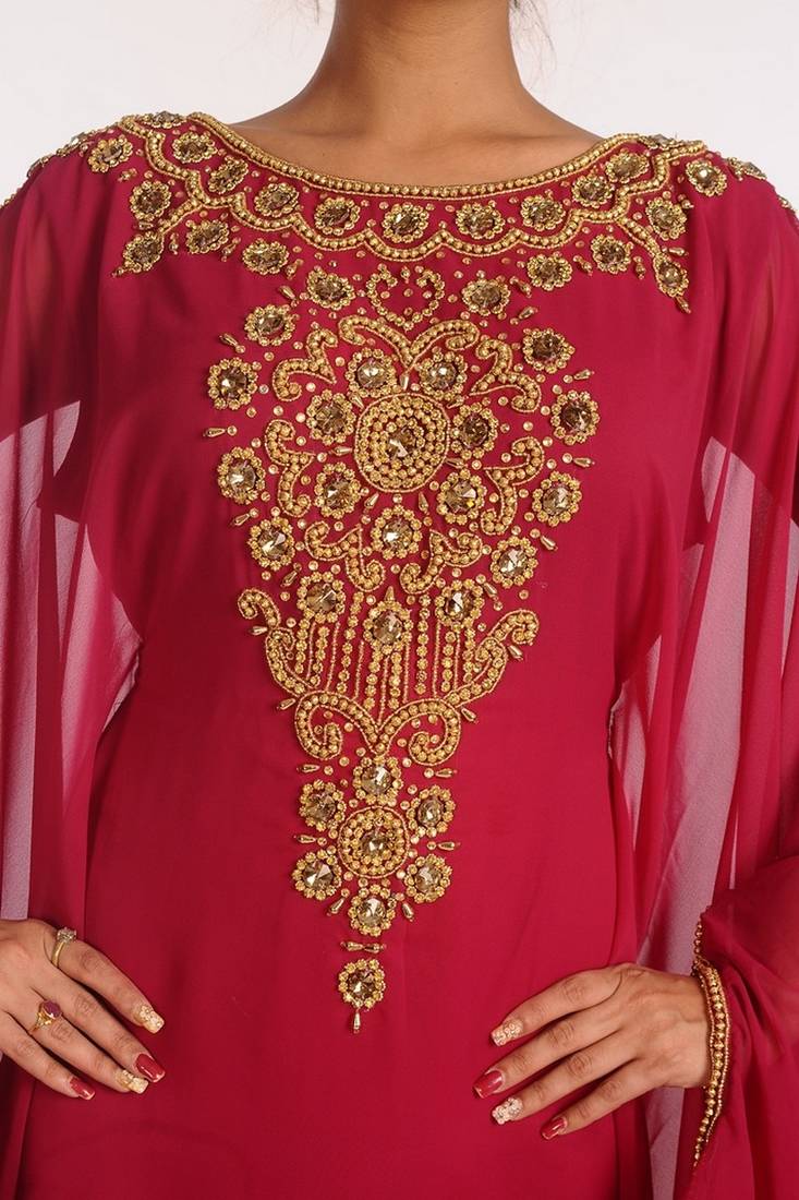 Maroon Georgette Embroidered Stitched Islamic Kaftans