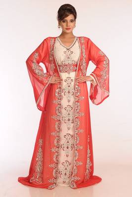 Off White And Red Georgette Embroidered Stitched Islamic Kaftans 1