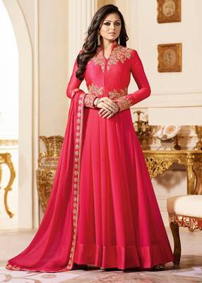 Pink Embroidered Georgette Semi Stitched Anarkali Salwar With Dupatta 1