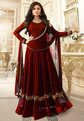 Red Embroidered Faux Georgette Semi Stitched Anarkali Salwar With Dupatta 1