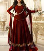 Red Embroidered Faux Georgette Semi Stitched Anarkali Salwar With Dupatta