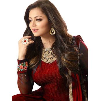 Red Embroidered Faux Georgette Semi Stitched Anarkali Salwar With Dupatta 3