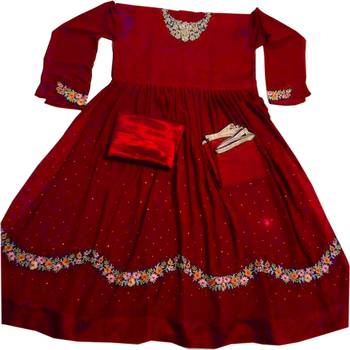 Red Embroidered Faux Georgette Semi Stitched Anarkali Salwar With Dupatta 4